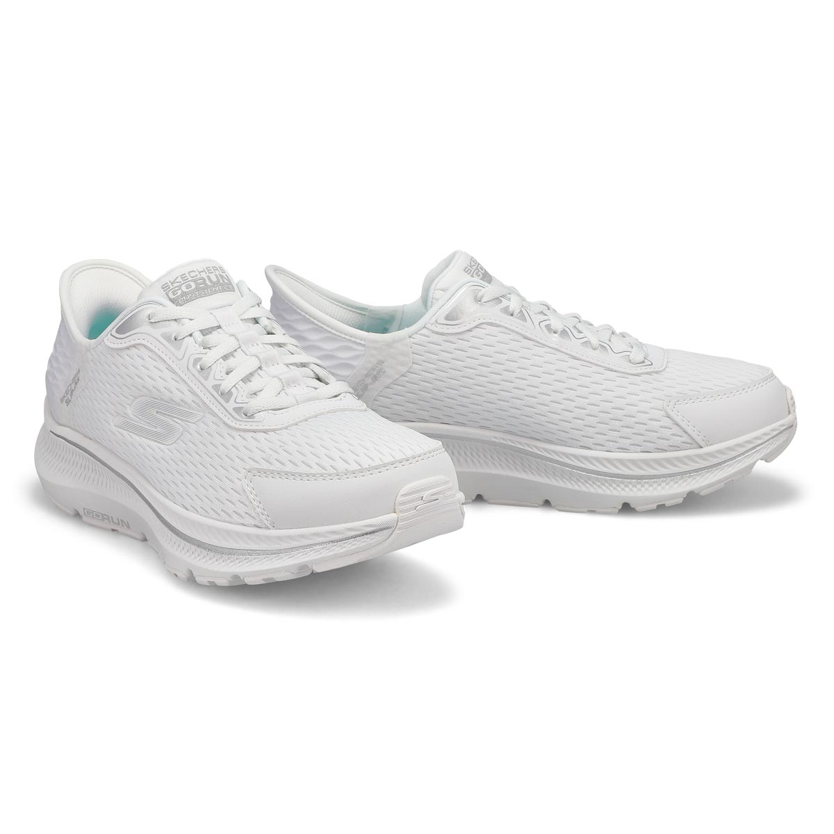 Womens  Go Run Consistent 2.0 Slip-Ins Mesh Lace Up Sneaker - White/Silver