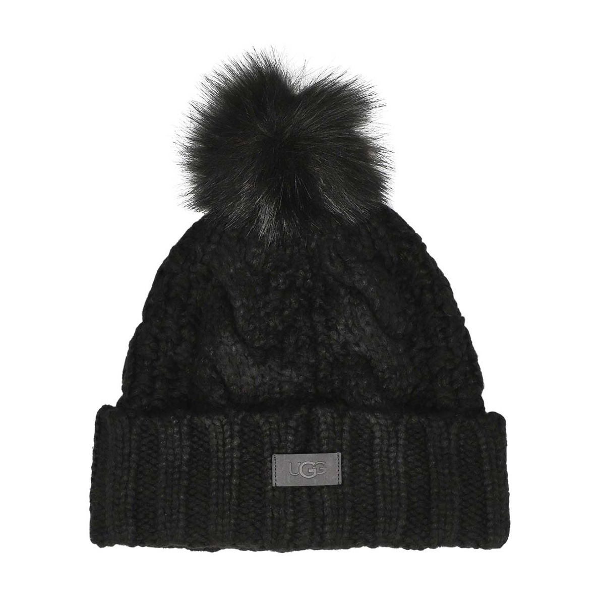 UGG, UGG, Women's Knit Cable Faux Fur Pom Beanie - Black