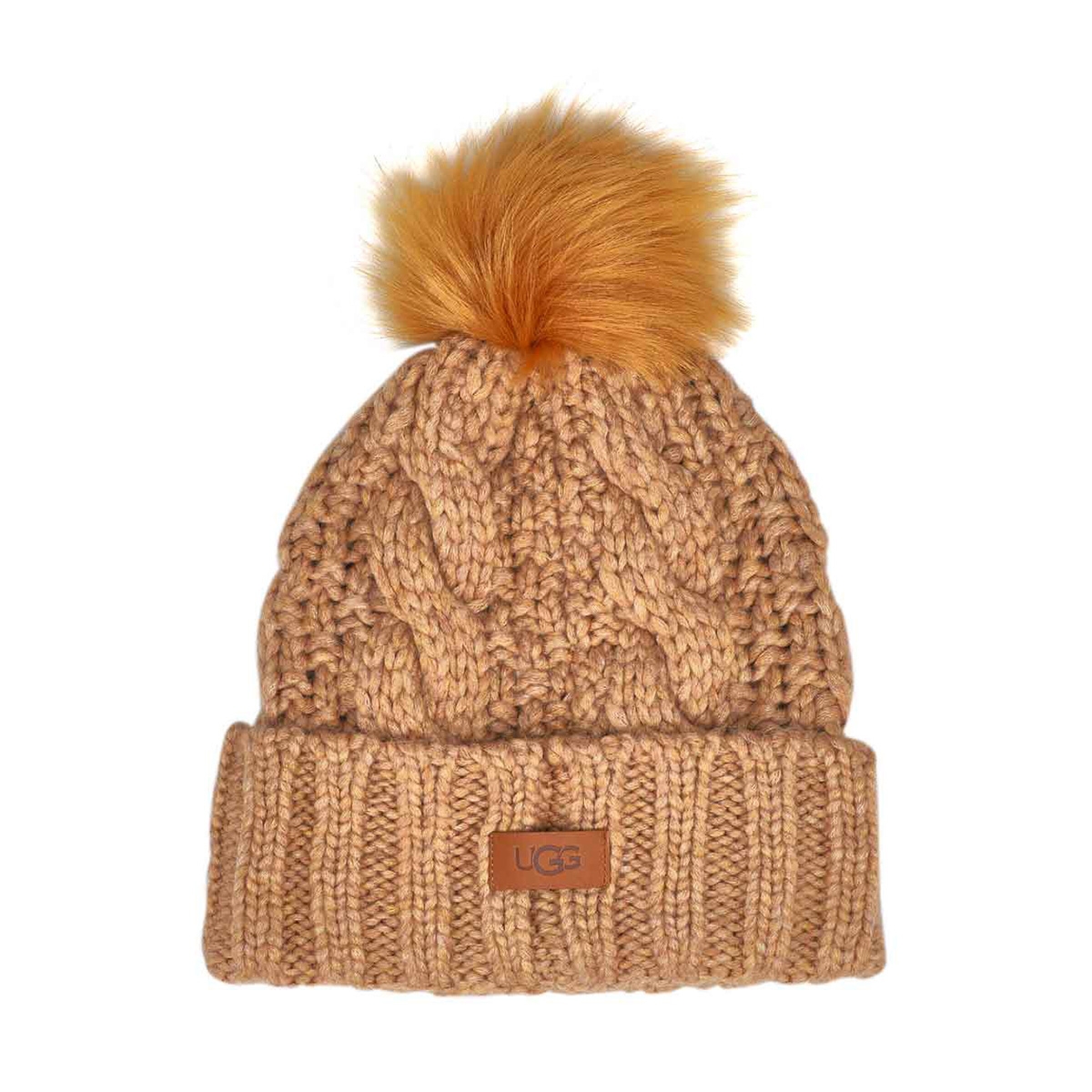 UGG, UGG, Women's Knit Cable Faux Fur Pom Beanie - Camel