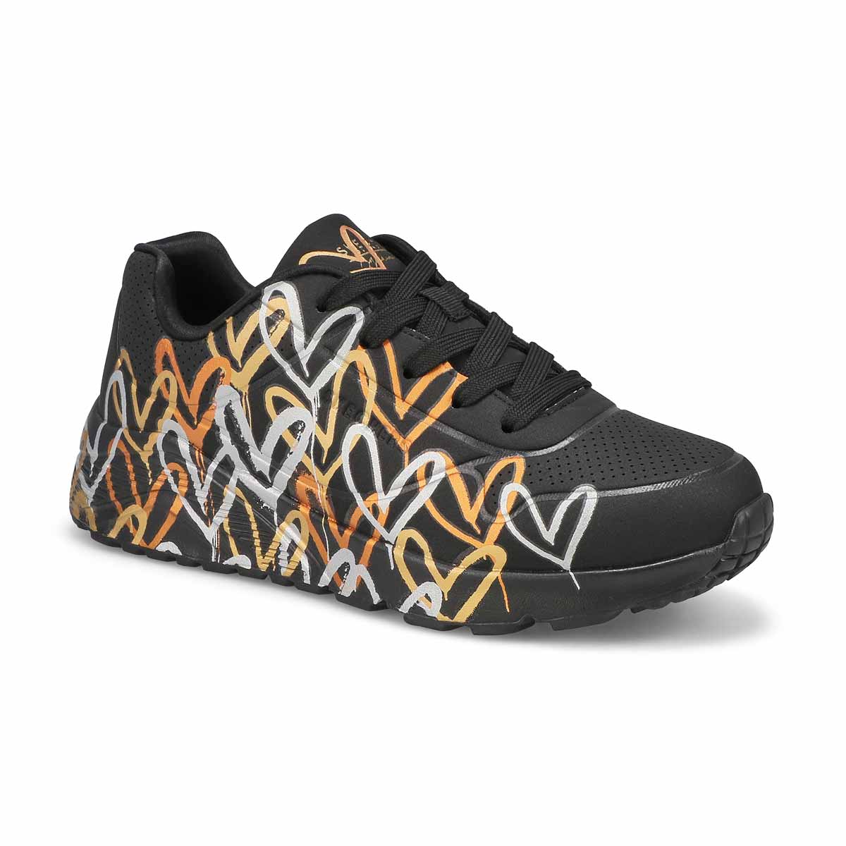 Skechers, Girls'  JGoldcrown Uno Lite - Metallic Love Lace Up Sneaker - Black Gold