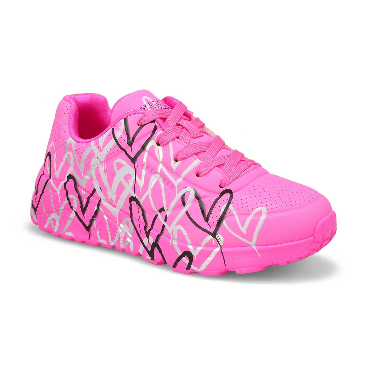 Skechers, Girls'  JGoldcrown Uno Lite Metallic Love Lace Up Sneaker - Hot Pink Multi