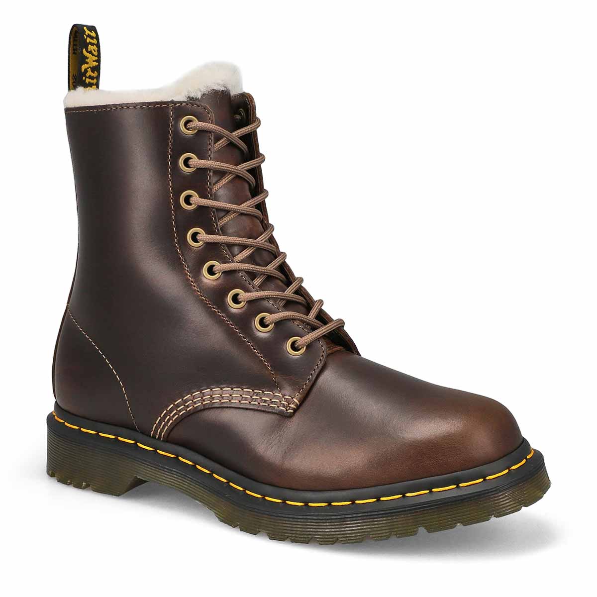 DrMartens, Botte à 8 œillets doublée de fausse fourrure SERENA, kaki foncé, femmes