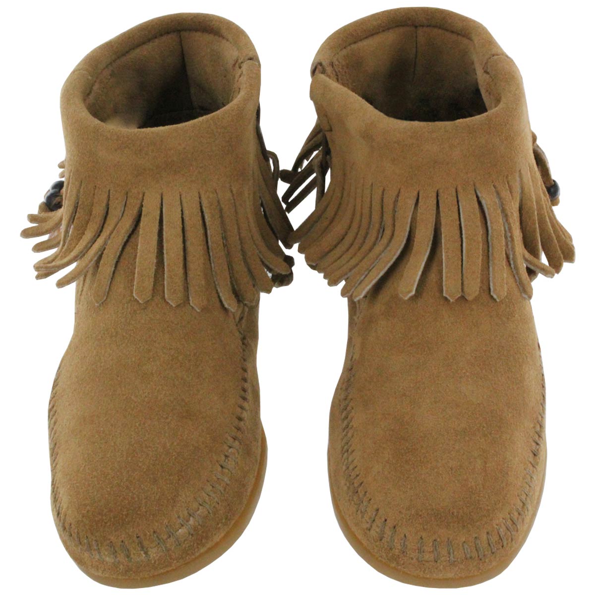 Minnetonka Women's CONCHO double fringe taupe suede moccasins 527 TPE