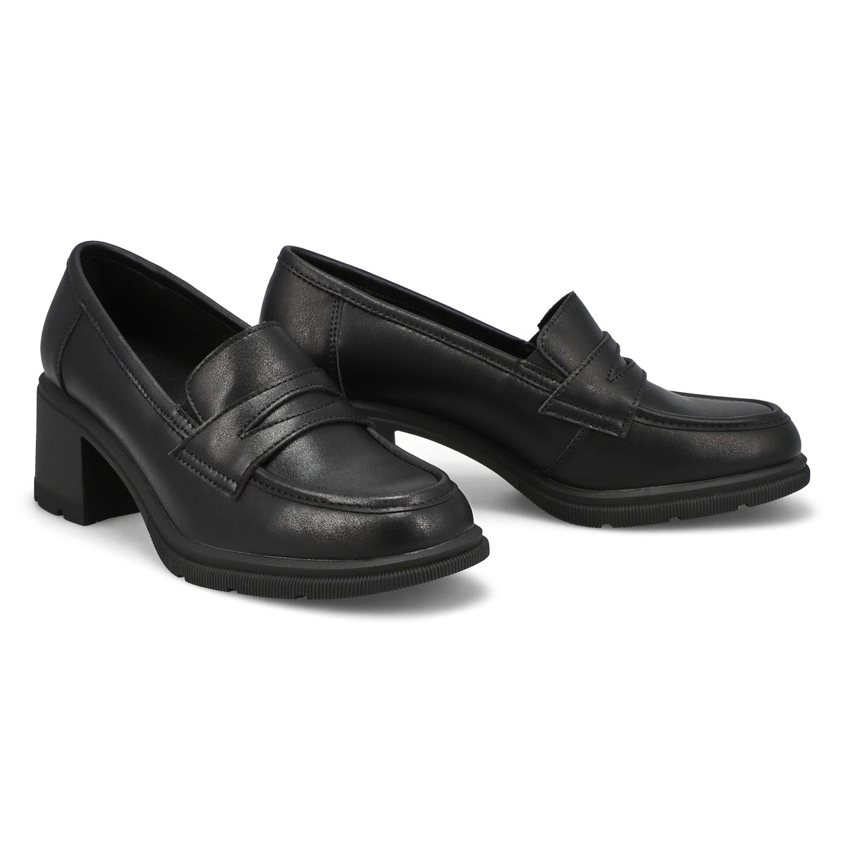 Womens Helena Leather Stacked Heel Penny Loafer - Black