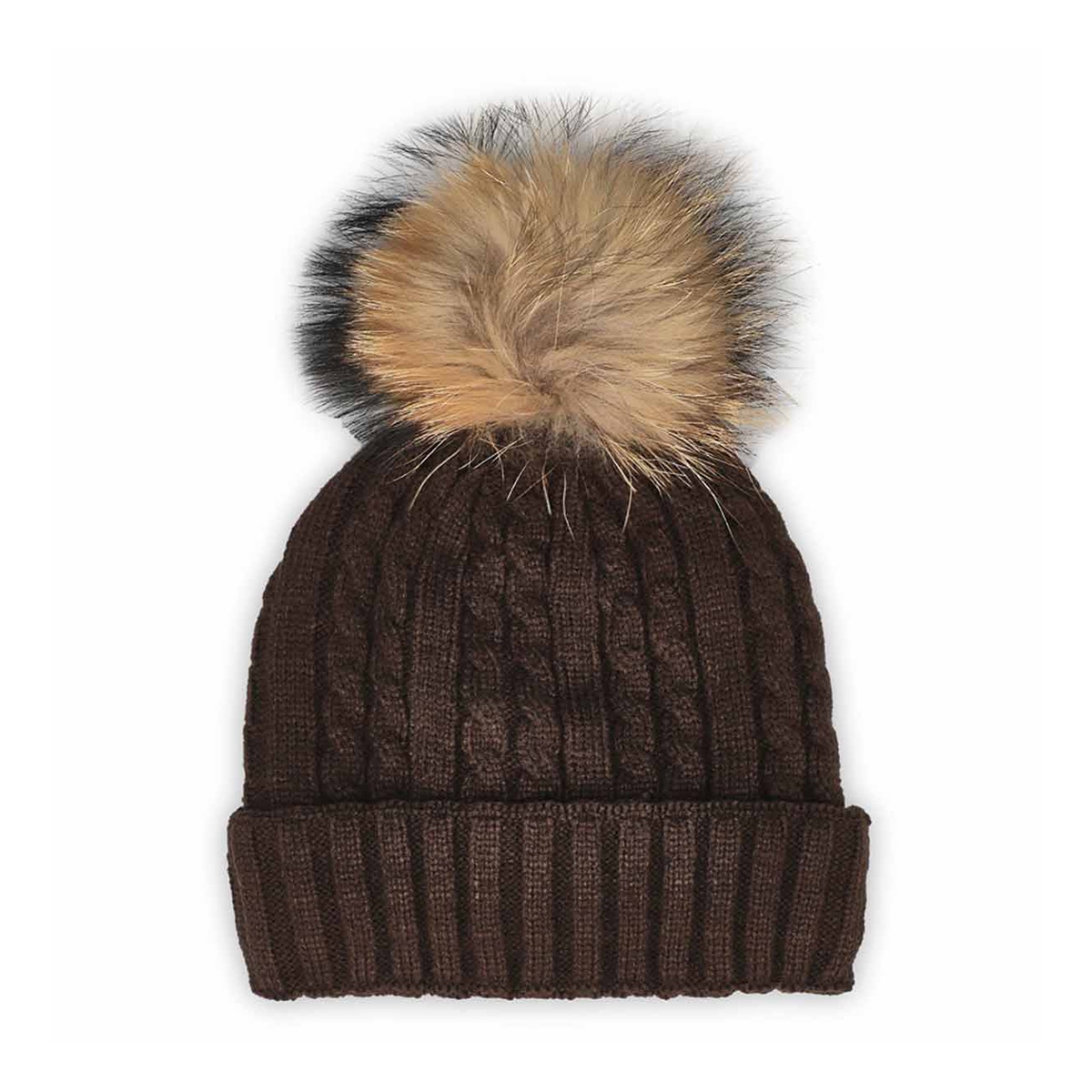 SoftMoc, Women's Cable Stitch Hat with Fur Pom- Brown