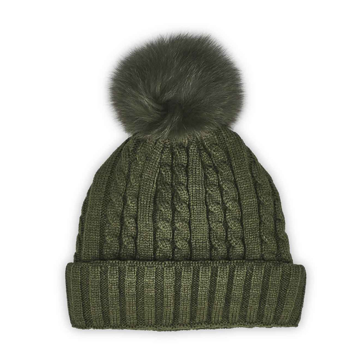 SoftMoc, Women's Cable Stitch Hat with Fur Pom - Green