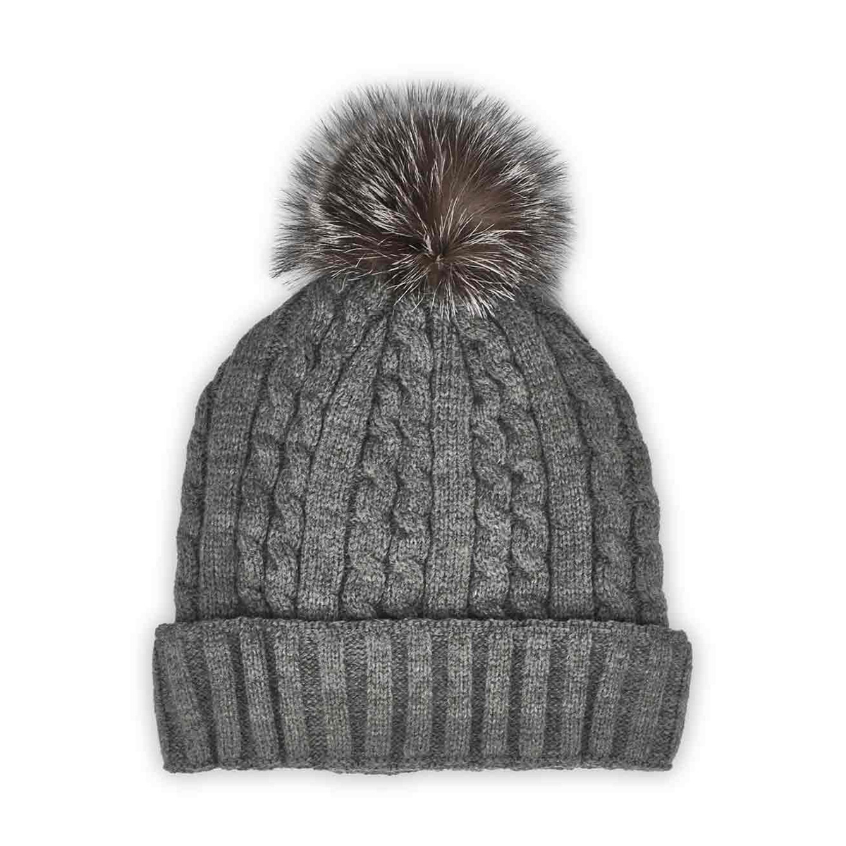 SoftMoc, Women's grey with fur pom cable stitch hats