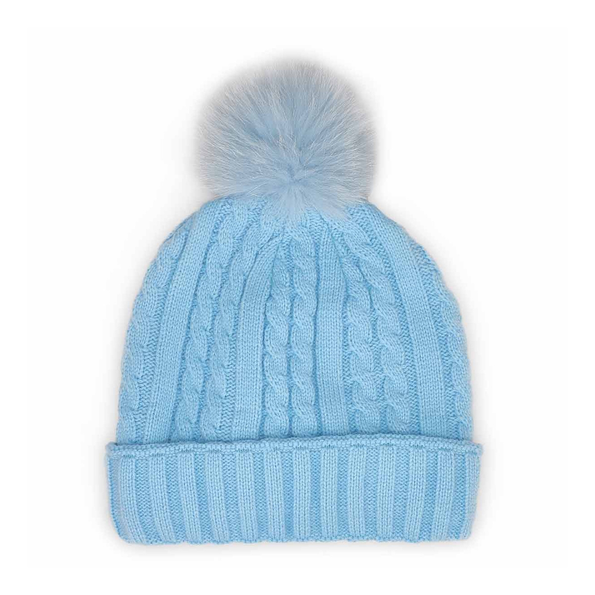 SoftMoc, Women's light blue with fur pom cable stitch hats