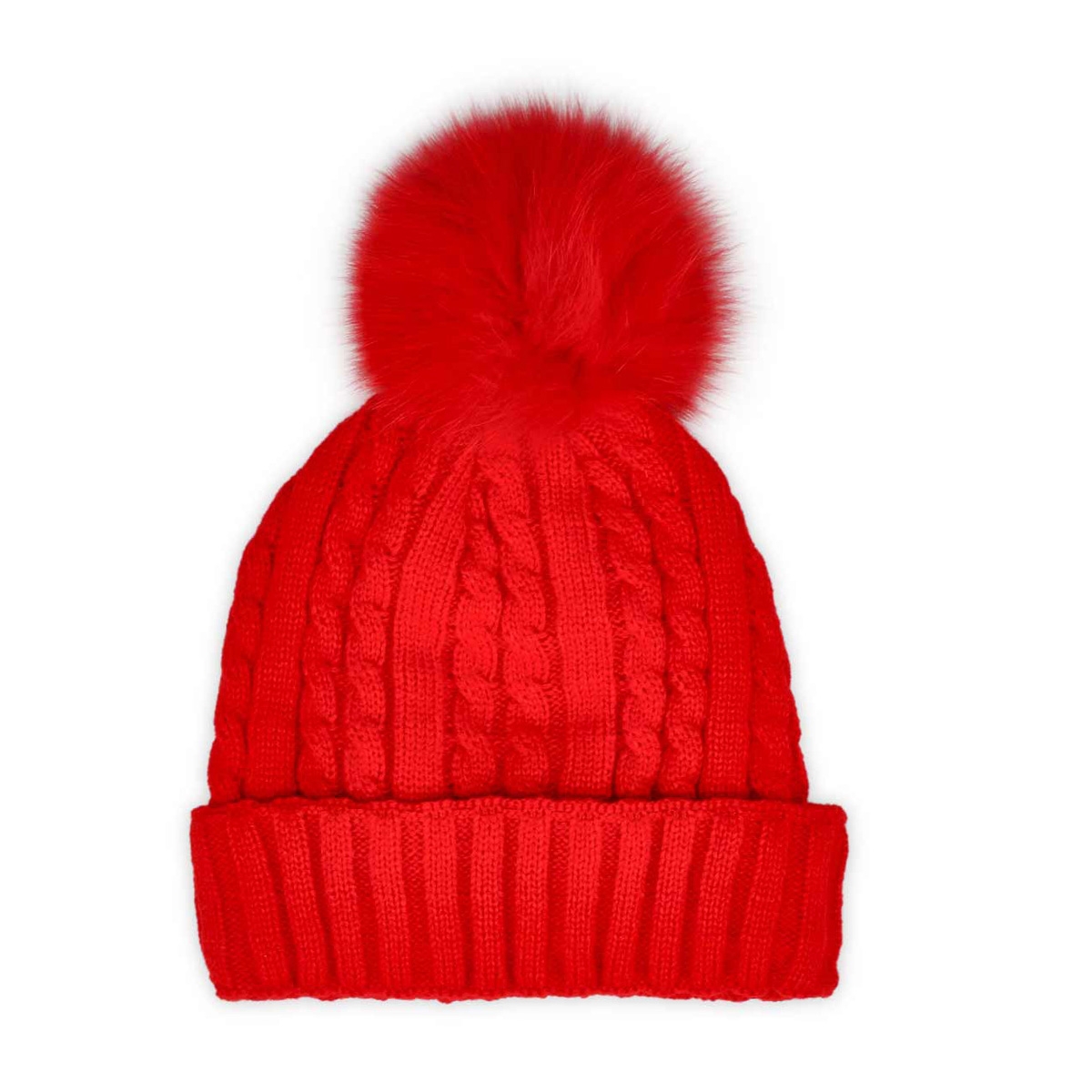 SoftMoc, Women's Cable Stitch Hat with Fur Pom - Red