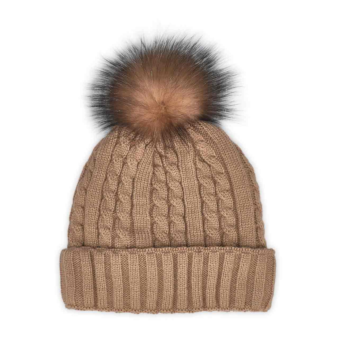 SoftMoc, Women's camel with fur pom pom cable stitch hats