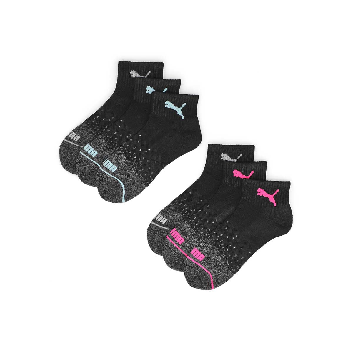 Womens Half Terry Quarter Crew Sportstyle Training Sock 6 Pack - Black/Pink