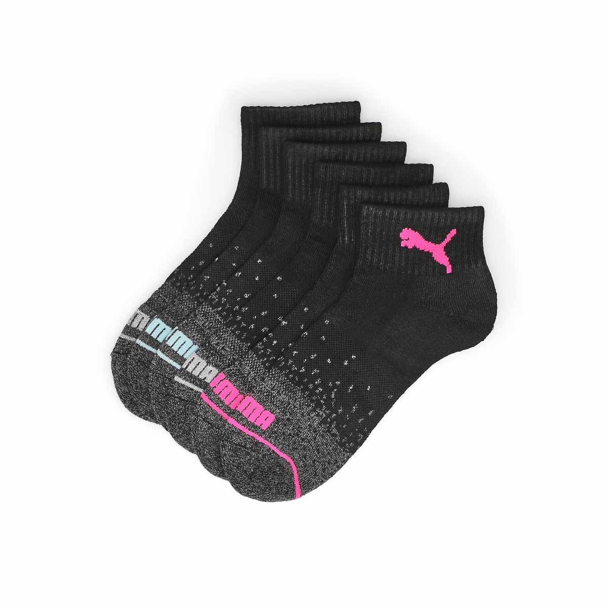 Womens Half Terry Quarter Crew Sportstyle Training Sock 6 Pack - Black/Pink