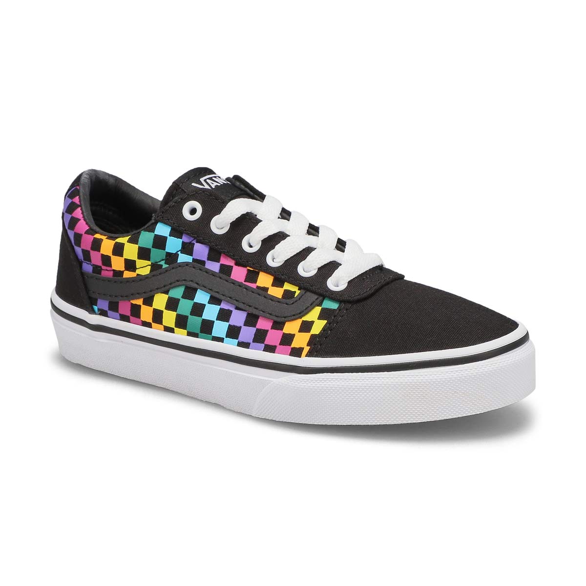 Vans, Girls' Ward Rainbow Checkered Lace Up Sneaker - Black White