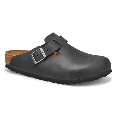 Lds Boston Oiled Leather Casual Clog - Black