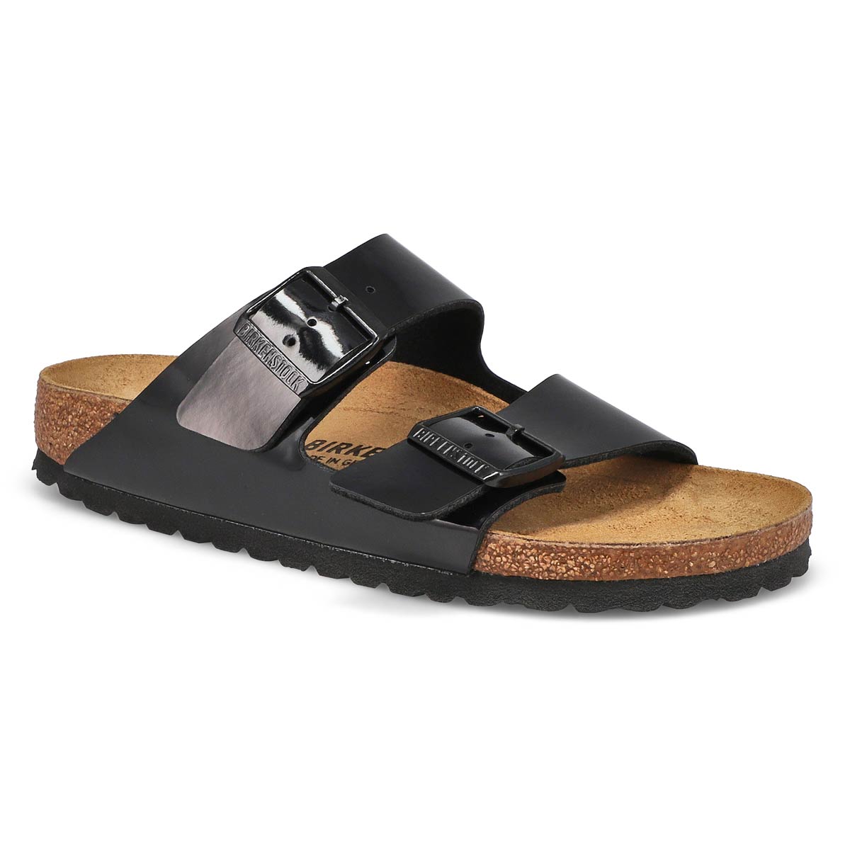 Women's Arizona Birko-Flor 2 Strap Narrow Footbed Sandal- Black Patent