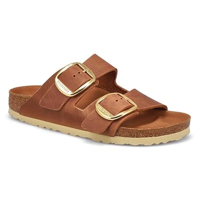 Sandale 2 brides en cuir huilé Arizona Big Buckle, cognac, femmes - Étroite