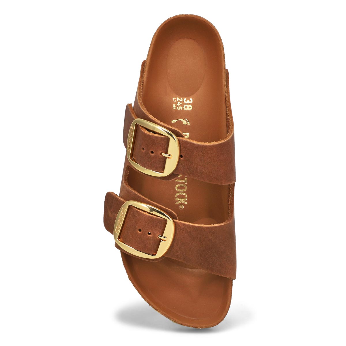 Women's Arizona Big Buckle Oiled Leather 2 Strap Narrow Sandal - Cognac