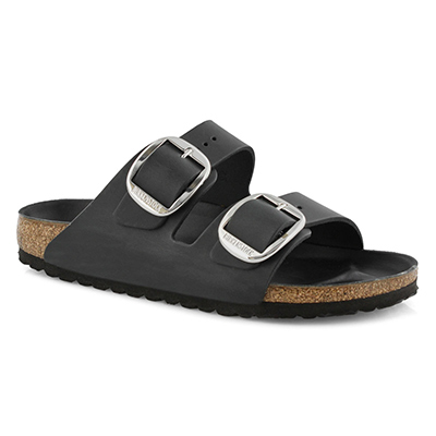 Lds Arizona Big Buckle Oiled Leather 2 Strap Narrow Sandal - Black