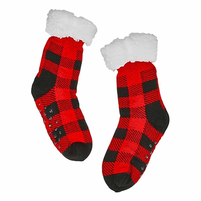 Lds Buffalo Plaid Slipper Sock - Red/Black