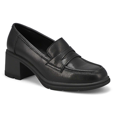 Lds Helena Leather Stacked Heel Penny Loafer - Black