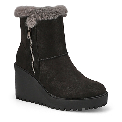 Lds Natalie Wedge Fur Trim Casual Bootie - Black