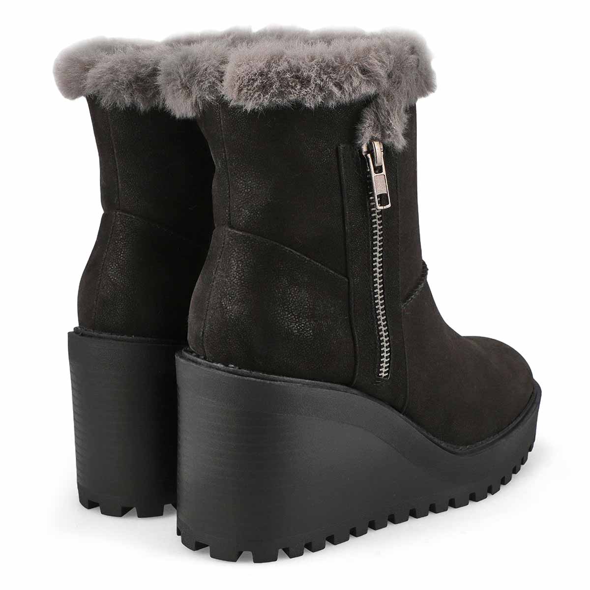 Women's Natalie Wedge Fur Trim Casual Bootie - Black