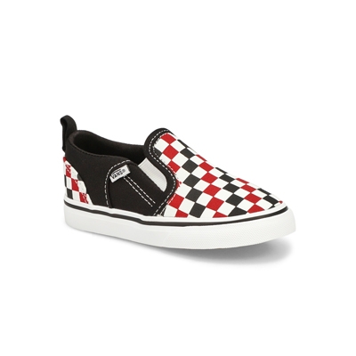 vans red and black slip ons