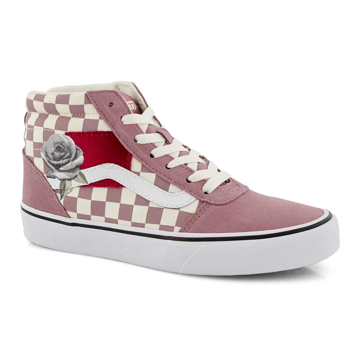 pink checkered lace up vans